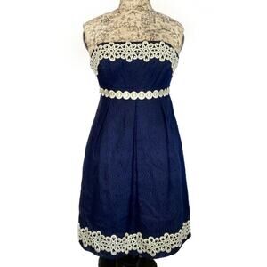 Lilly Pulitzer Women’s sz 4 Dress Strapless Embellished Betsey Navy Blue Gold